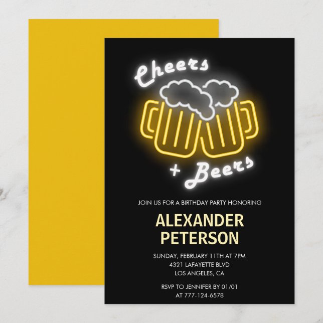 Cheers and beers 55th birthday invitations Neon (Front/Back)