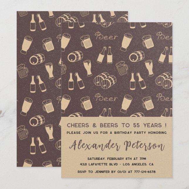 Cheers and beers 55th birthday invitations Rustic (Front/Back)