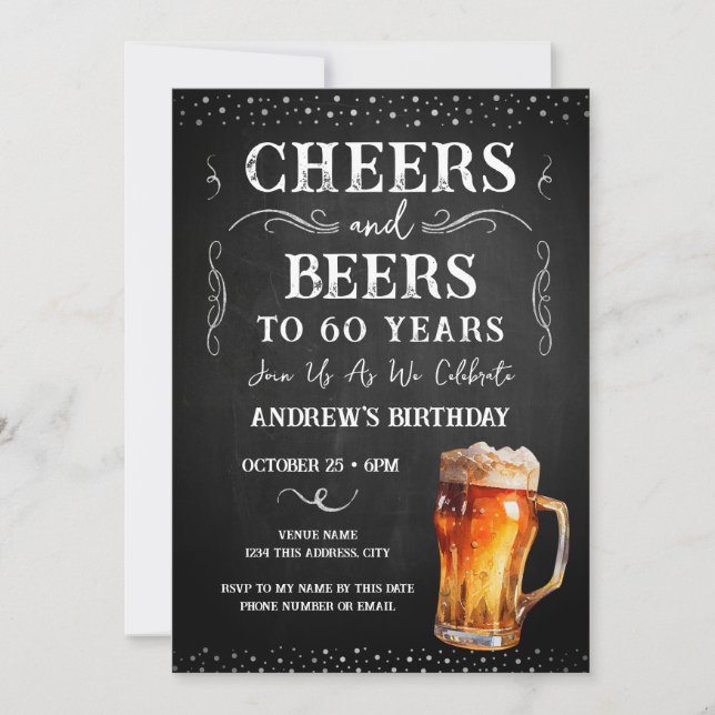Cheers and Beers 60th Birthday Chalkboard Invitati Invitation (Front)