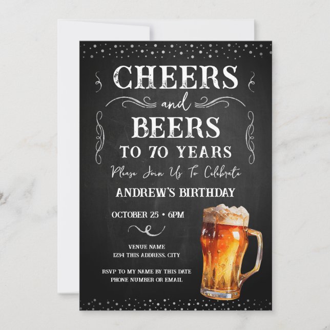 Cheers and Beers 70th Birthday Chalkboard Invitati Invitation (Front)