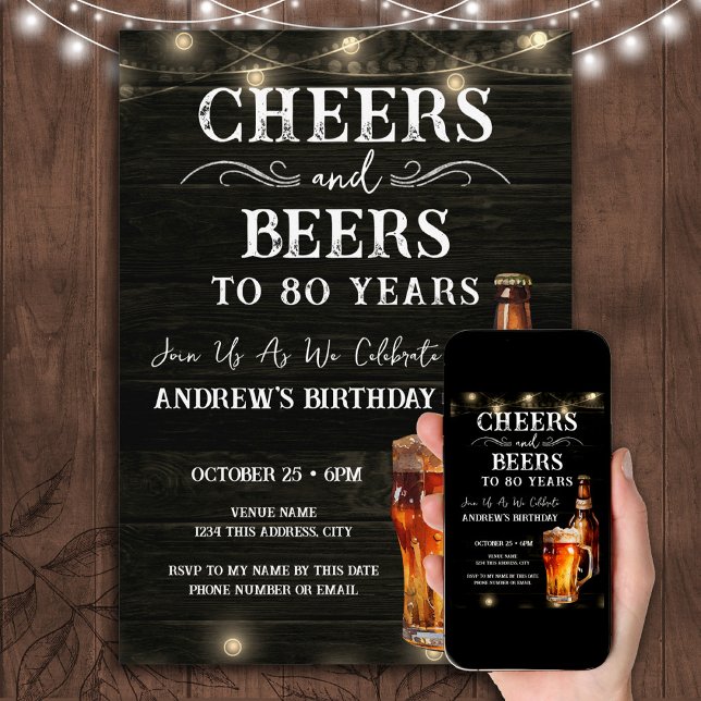 Cheers and Beers 80th Birthday Bar Lights Invitati Invitation (Creator Uploaded)