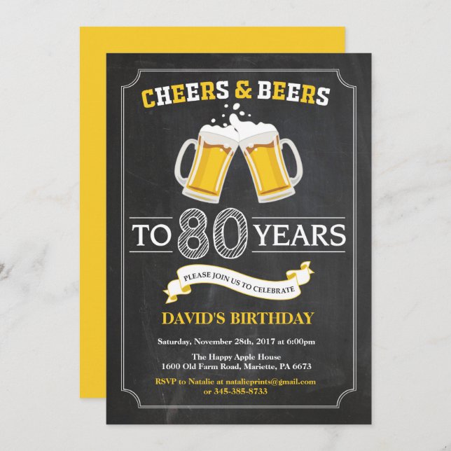 Cheers and Beers 80th Birthday Invitation Card (Front/Back)