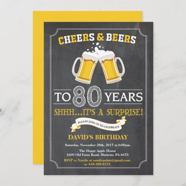Cheers and Beers 80th Birthday Invitation Card (Front/Back)