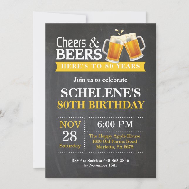 Cheers and Beers 80th Birthday Invitation Card (Front)