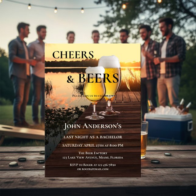 Cheers and Beers Bachelor Party Invitation (Bachelor party invitation featuring a sunset at a lake with two beer glasses at a jetty.)