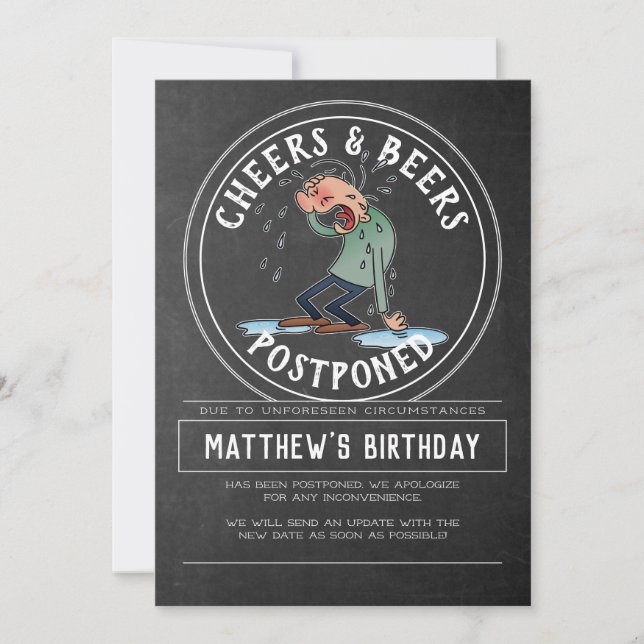 Cheers And Beers Birthday Cancellation - Postponed Invitation (Front)
