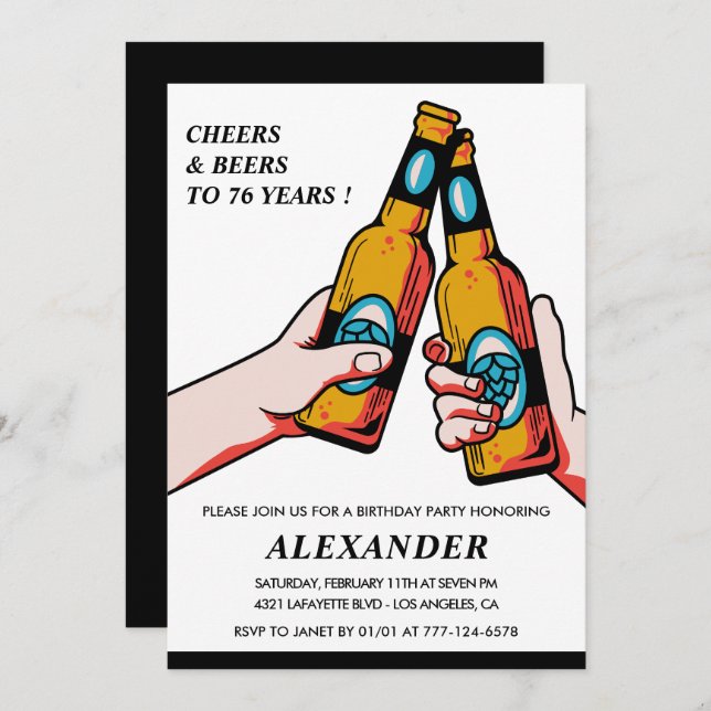 Cheers and Beers Black Rustic Men 76th birthday Invitation (Front/Back)