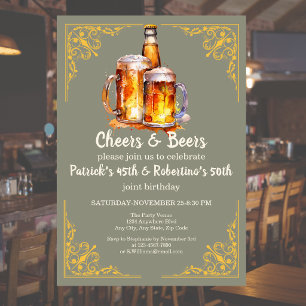 Cheers and Beers Glass Bottle Joint Birthday Invitation