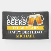 Cheers and Beers Happy 30th Birthday Banner Yellow