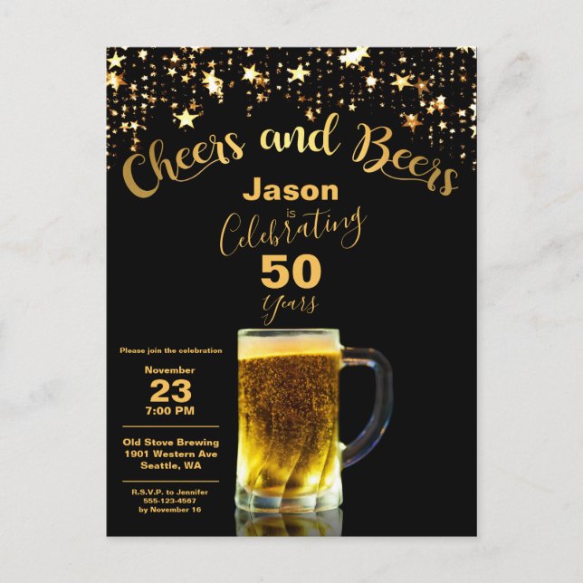 Cheers and Beers Modern 50th Birthday Invitation Postcard (Front)