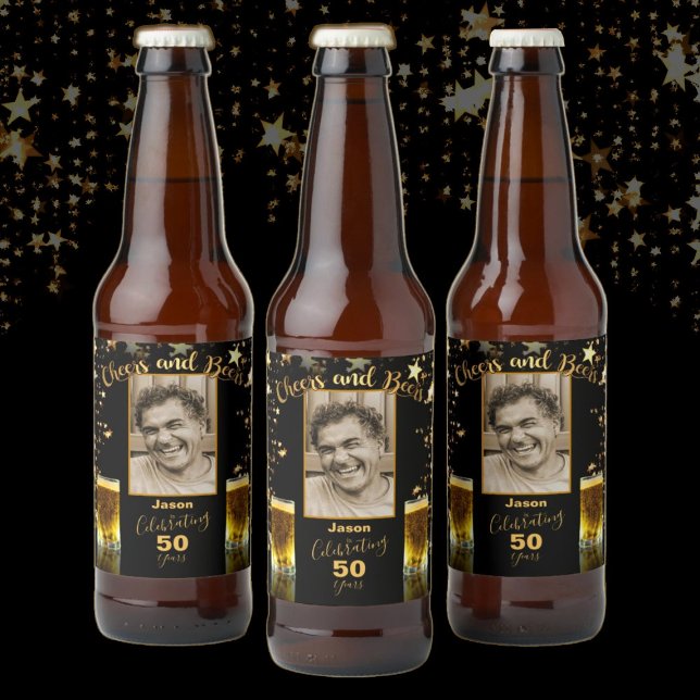 Cheers and Beers Photo Name Age Black and Gold Beer Bottle Label (Creator Uploaded)