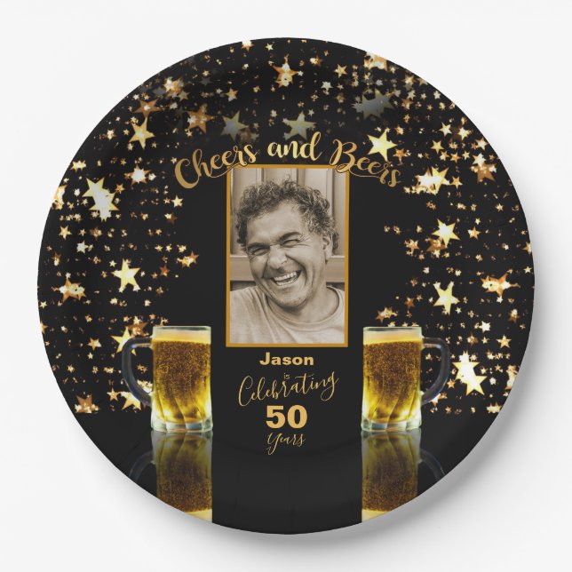 Cheers and Beers Photo Name Age Black + Gold Stars Paper Plate (Front)