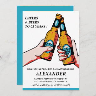 Cheers and Beers Rustic Men Blue 62nd birthday Invitation