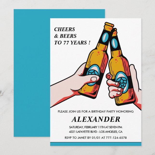 Cheers and Beers Rustic Men Blue 77th birthday Invitation (Front/Back)