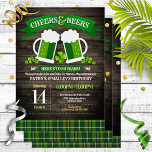 Cheers and Beers St. Patrick's Day Birthday Party Invitation<br><div class="desc">Fun "cheers and beers" St. Patarick's Day birthday party celebration invitations featuring a dark wood grain background,  green and orange tartan,  4 leaf clovers,  fun,  whimsical fonts and two green beer steins toasting</div>