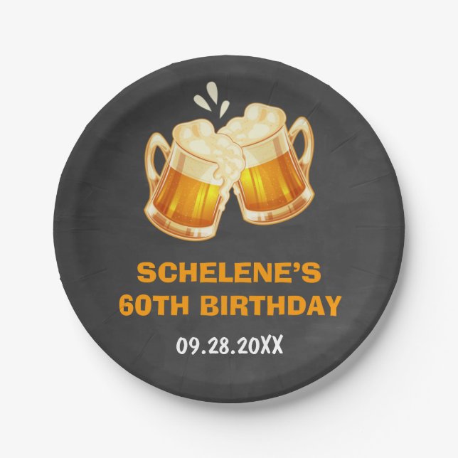 Cheers and Beers Surprise 60th Birthday Chalkboard Paper Plate (Front)