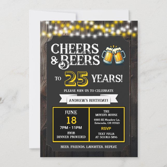 Cheers and Beers to 25 Years Backyard BBQ Birthday Invitation (Front)