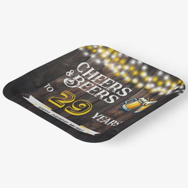 Cheers and Beers to 29 Years Rustic Birthday Paper Plate (Angled)