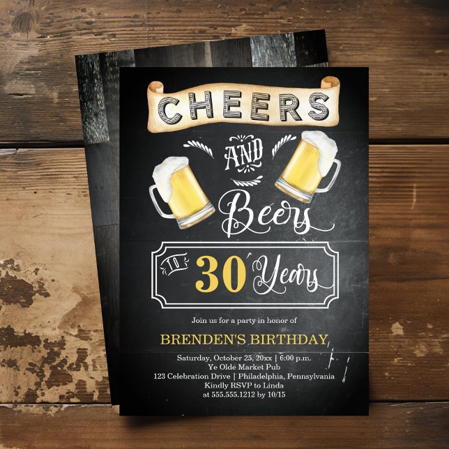 Cheers and Beers to 30 Years Birthday Party Invitation (Cheers and Beers to 30 Years Chalkboard Look 30th Birthday Party Invitation)