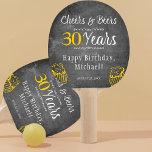 Cheers and beers to 30 years men birthday funny ping pong paddle<br><div class="desc">Retro informal and funny cheers and beers men thirty birthday custom keepsake ping pong paddle gift with a fancy typography script, a yellow doodle beer mug, and swirls on a rustic vintage dark grey chalkboard background. Suitable as a gift for any age or milestone male birthday. Easy to personalise with...</div>