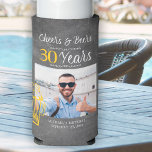 Cheers and beers to 30 years men birthday photo seltzer can cooler<br><div class="desc">Informal and funny cheers and beers men thirty birthday custom photo keepsake party personalised can cooler with a fancy typography script, a yellow doodle beer mug, and swirls on a rustic vintage dark grey chalkboard background. Suitable as a keepsake gift for any age or milestone birthday party or long-distance virtual...</div>