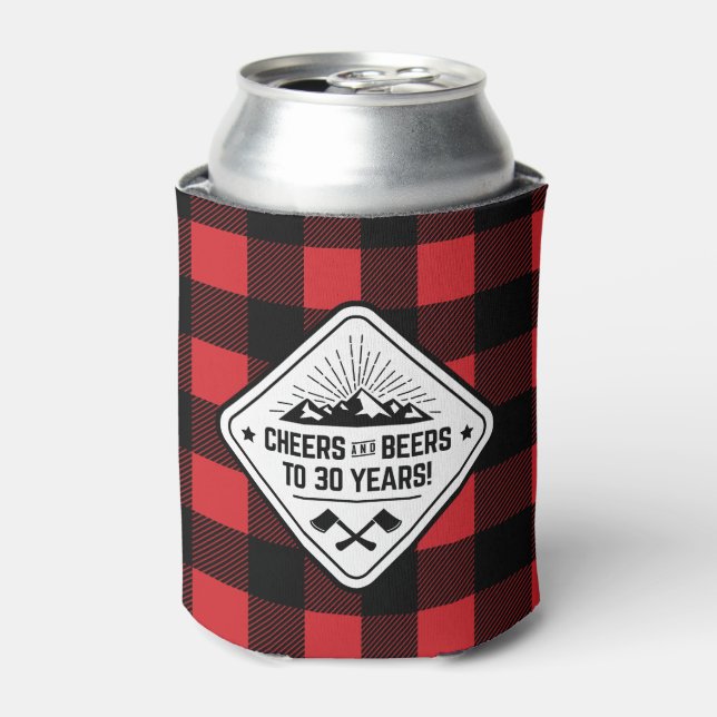 Cheers and Beers to 30 Years | Red Buffalo Plaid Can Cooler (Can Front)