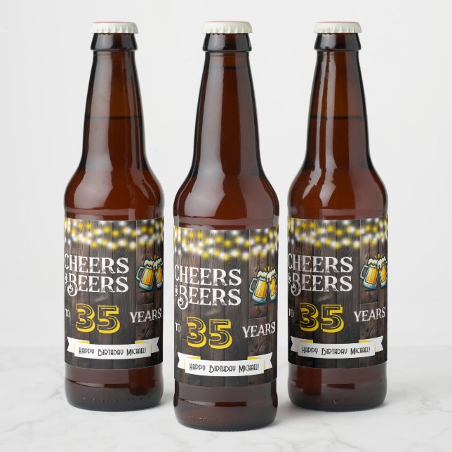 Cheers and Beers to 35 Years Rustic Birthday Beer Bottle Label (Bottles)