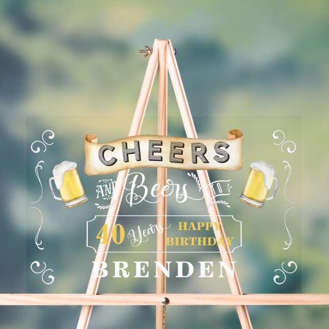 Cheers and Beers to 40 Years Birthday Party Acrylic Sign (Neutral)