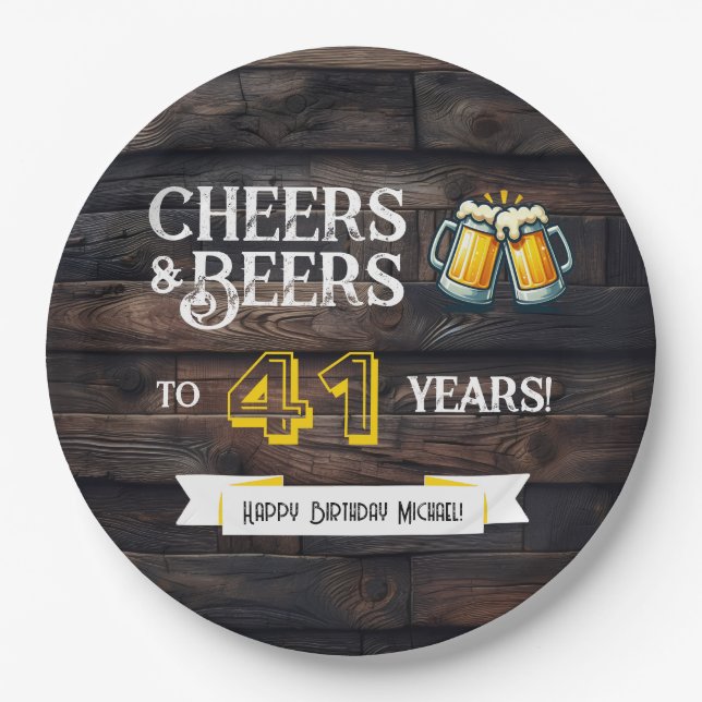 Cheers and Beers to 41 Years Rustic Birthday Paper Plate (Front)