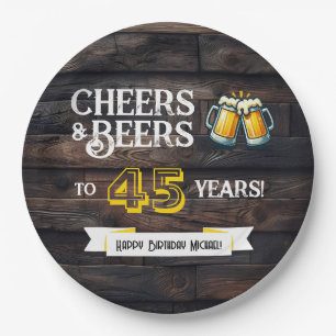 Cheers and Beers to 45 Years Rustic Birthday Paper Plate