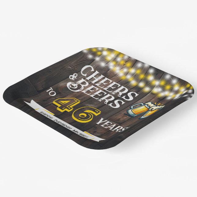 Cheers and Beers to 46 Years Rustic Birthday Paper Plate (Angled)