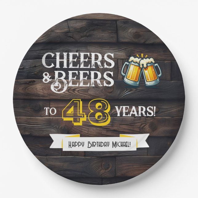 Cheers and Beers to 48 Years Rustic Birthday Paper Plate (Front)