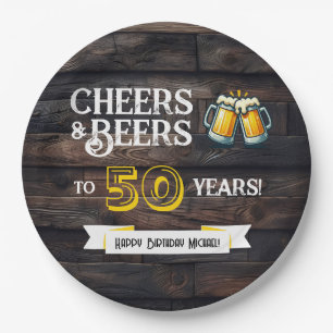 Cheers and Beers to 50 Years Rustic Birthday Paper Plate