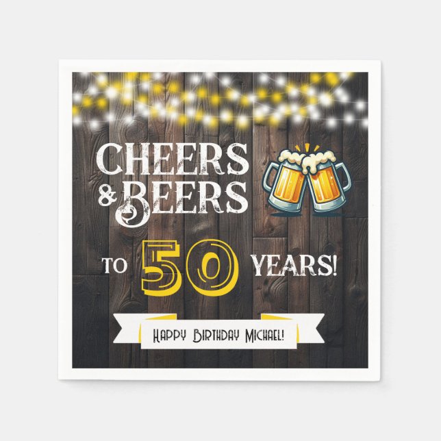 Cheers and Beers to 50 Years Rustic Birthday Party Napkin (Front)