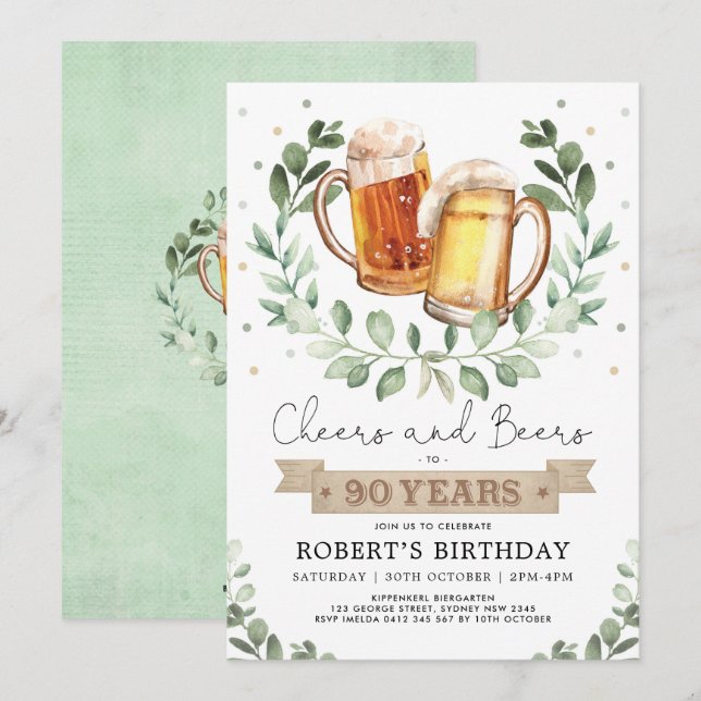Cheers and Beers to 90 Years Adult Men Birthday Invitation (Front/Back)