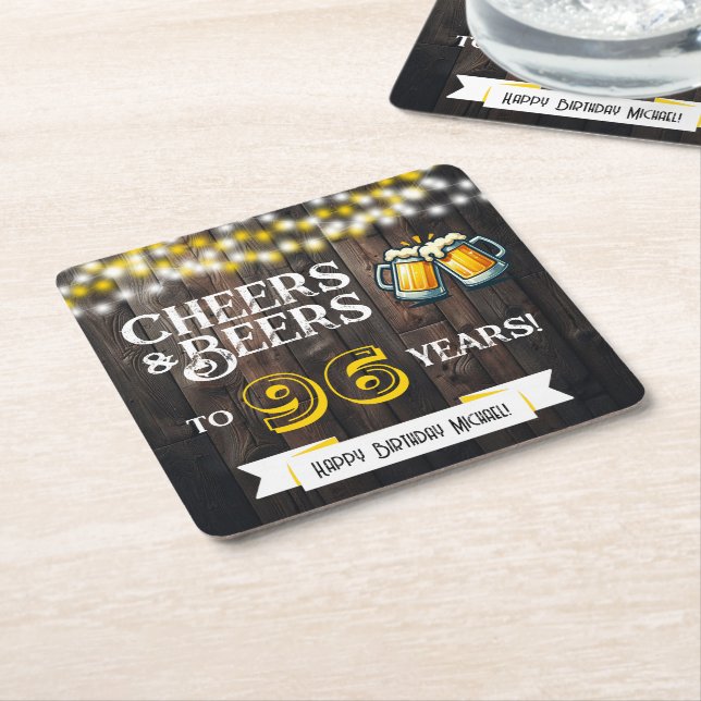 Cheers and Beers to 96 Years Rustic Birthday Square Paper Coaster (Angled)