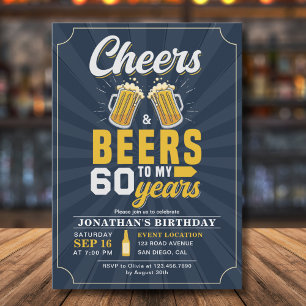 Cheers and Beers to my 60 Years Blue navy Invitation