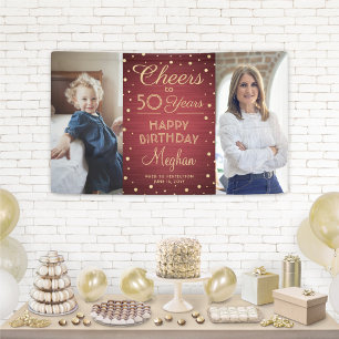 Cheers Any Year Birthday 2 Photo Burgundy & Gold Banner