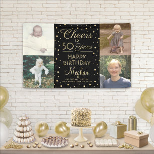 Cheers Any Year Birthday 4 Photo Black Gold 50th Banner