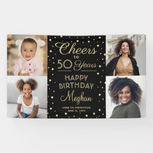 Cheers Any Year Birthday 4 Photo Black Gold 50th Banner