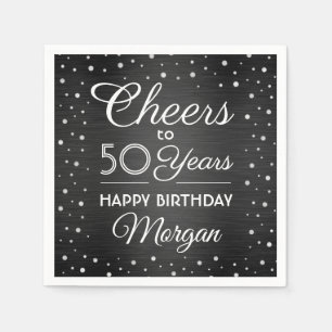 Cheers Any Year Birthday Confetti Black and Silver Napkin