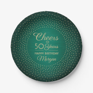 Cheers Any Year Birthday Confetti Green Gold 50th Paper Plate