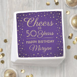 Cheers Any Year Birthday Glitter Purple and Gold Napkin<br><div class="desc">Add an elegant personalised touch to birthday party decorations with these custom purple and gold paper napkins. Design features modern script calligraphy customisable "Cheers to 50 Years" and gold faux glitter confetti dots on a purple background. Please note that text is printed colour, not metallic foil. This template is set...</div>