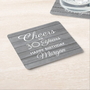 Cheers Any Year Birthday Grey Faux Wood Rustic Square Paper Coaster