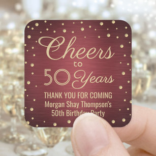 Cheers Any Year Birthday Party Burgundy Gold 50th Square Sticker