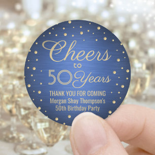 Cheers Any Year Birthday Party Navy Blue Gold 50th Classic Round Sticker
