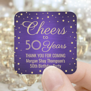 Cheers Any Year Birthday Party Purple Gold 50th Square Sticker