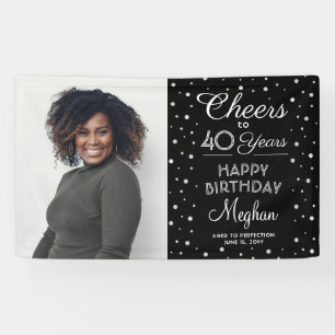 Cheers Any Year Birthday Photo Black White Silver Banner