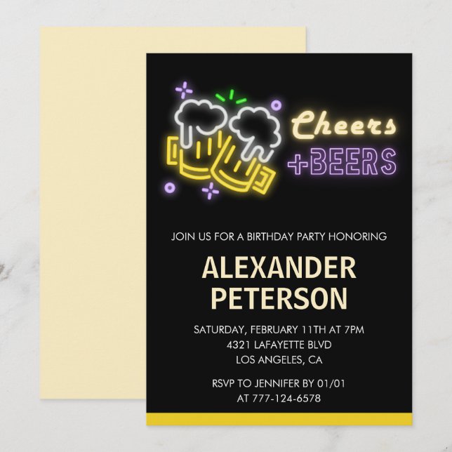 Cheers Beer 72nd birthday invitation Men Neon Glow (Front/Back)
