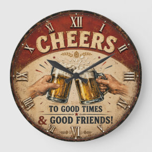 Cheers Beer Rustic Bar Vintage Pub Decor Man Cave Large Clock